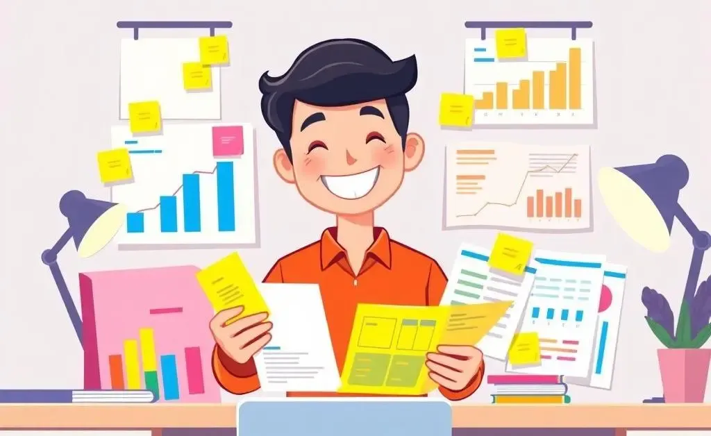 Person happily organizing finances with colorful charts and notes