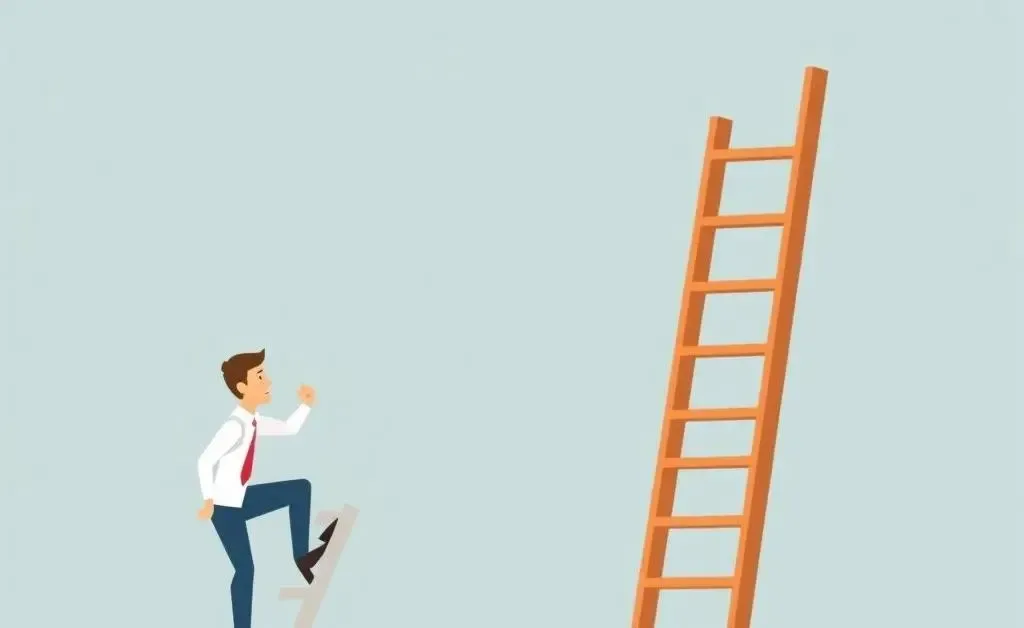 A cartoon depiction of a professional climbing a corporate ladder with a missing top step