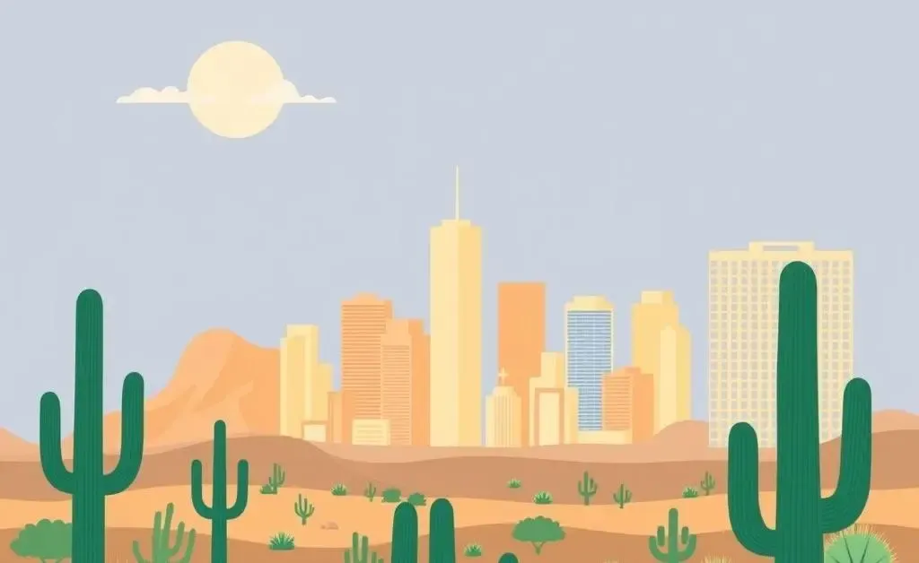 Illustrated Phoenix skyline with real estate symbolism