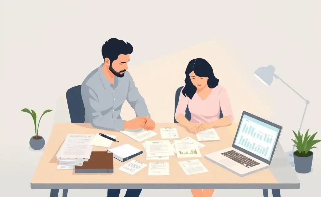 A couple planning finances at a desk with notes and a laptop