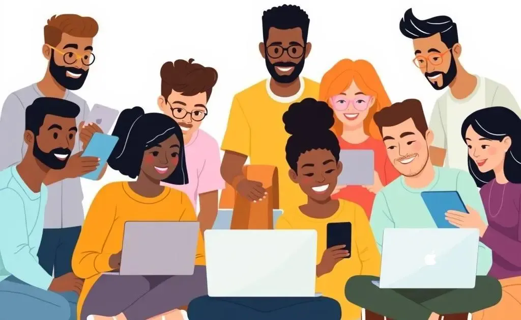 Illustration showing teamwork and digital collaboration.