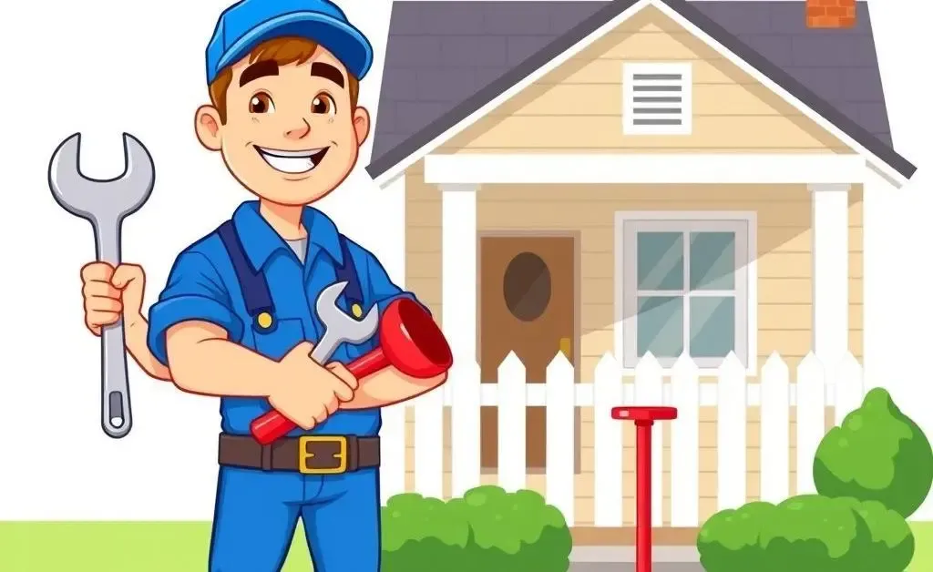 A cartoon of a plumber with tools standing next to a house, illustrating drain solutions.