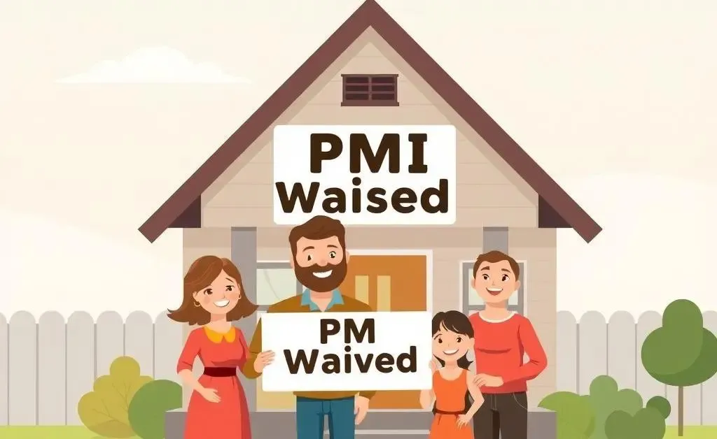 A family happily standing in front of their house with a sign that says 'PMI Waived'.