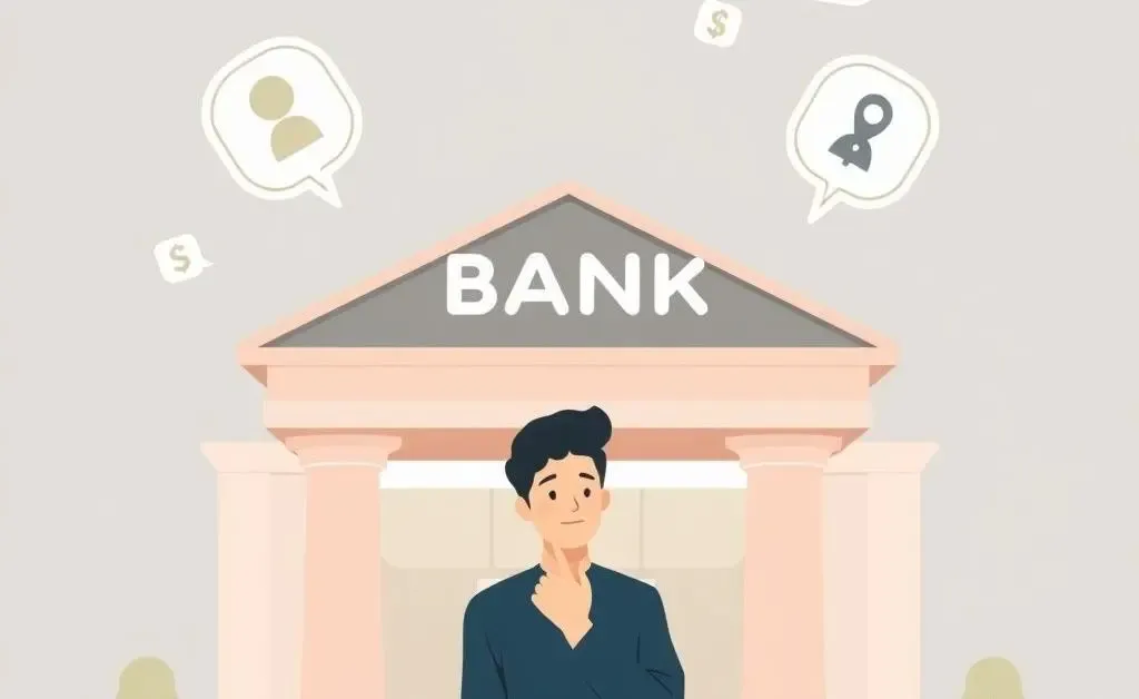 Person considering options in front of a bank