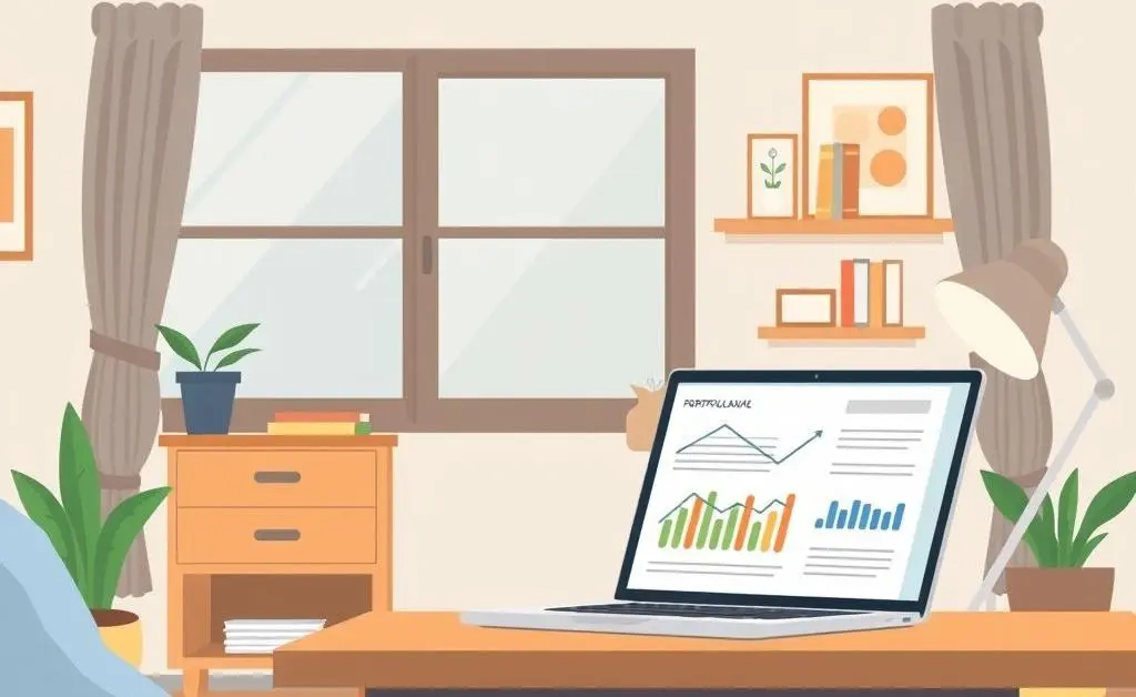A cozy home office with a laptop displaying portfolio analysis.