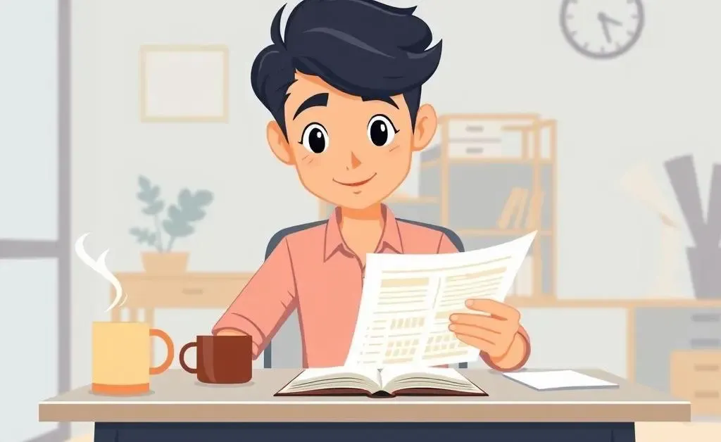 A person confidently reviewing a financial plan at a desk with a notebook and coffee.