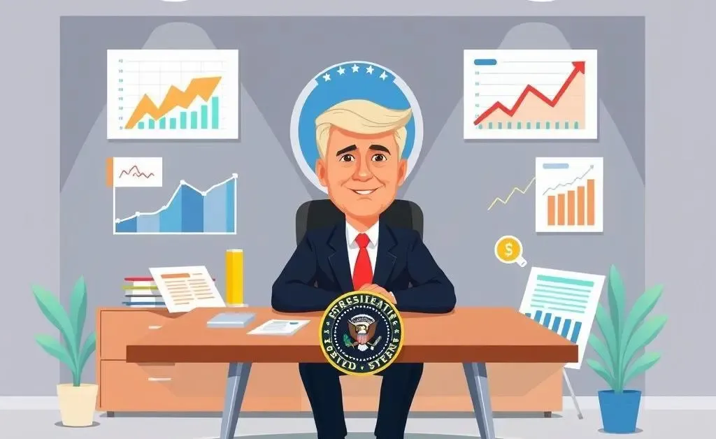 Cartoon president at a desk with economic charts and graphs