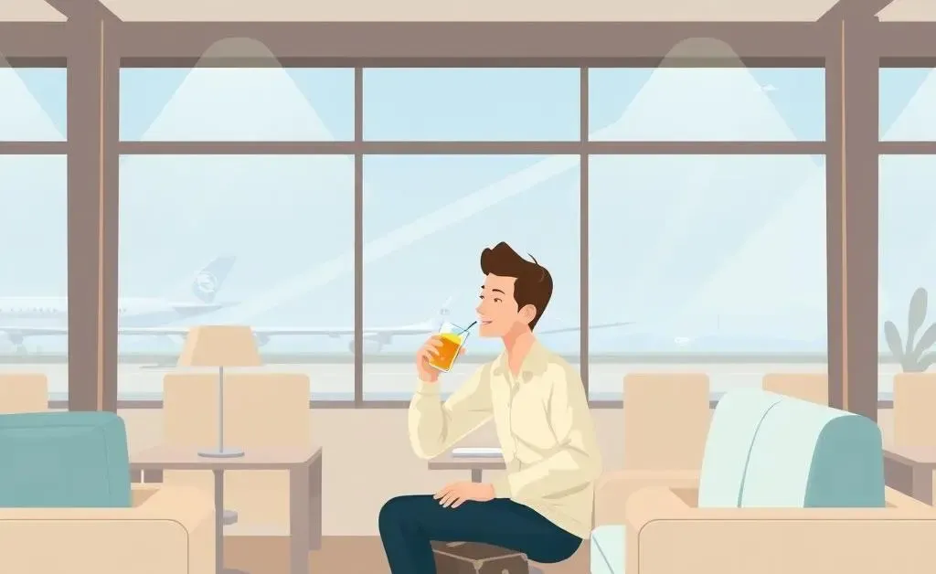 Relaxed traveler enjoying a beverage in an airport lounge
