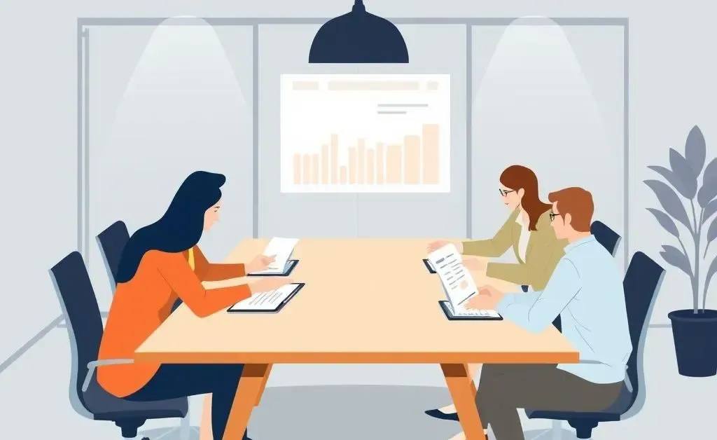 People discussing financial analytics at a modern office table