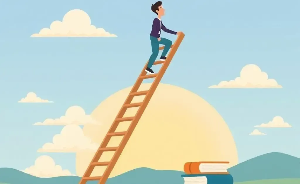 Illustration of a person climbing a ladder made of books against a sky, symbolizing professional growth.