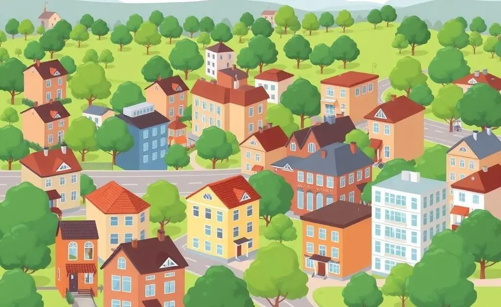Illustration of a calm neighborhood showcasing diverse real estate