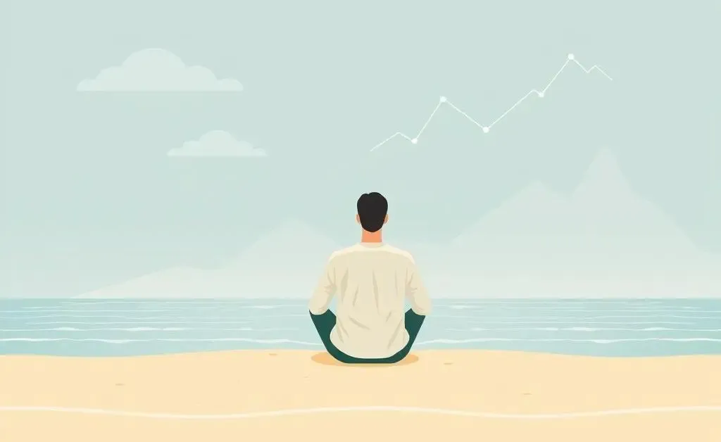 A serene investor sitting by the beach with fluctuating financial graphs in the background.