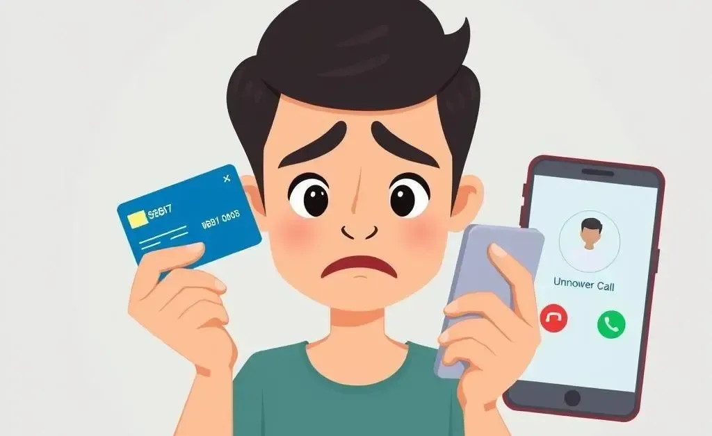 A cartoon image of a person holding a debit card and a phone with an unknown caller ID.