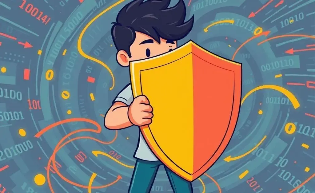 Person holding a shield against swirling digital data, representing data protection