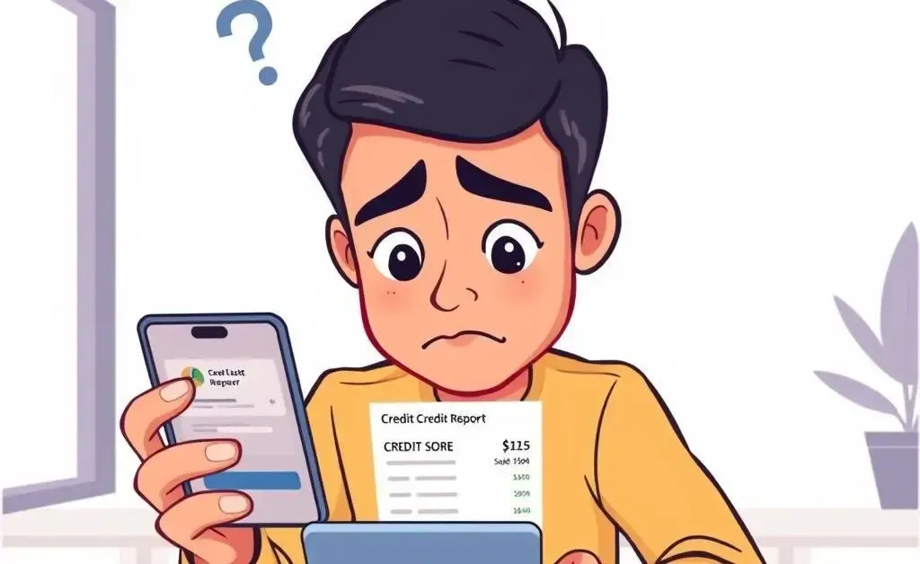 A cartoon depiction of a person confused over a low credit score on a smartphone.