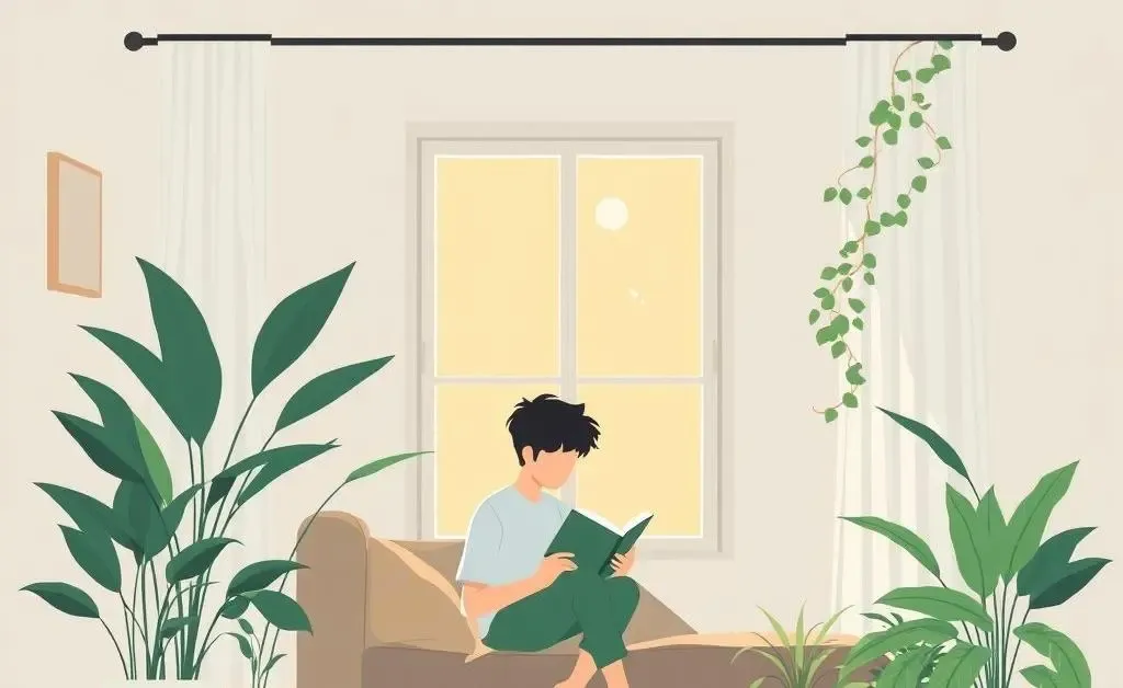 Person reading by a window in a cozy room with plants