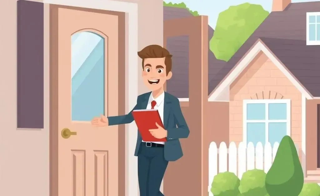 A real estate agent knocking on a door in a friendly neighborhood setting