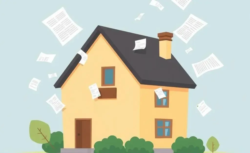 A cartoon house with flying documents depicting real estate chaos