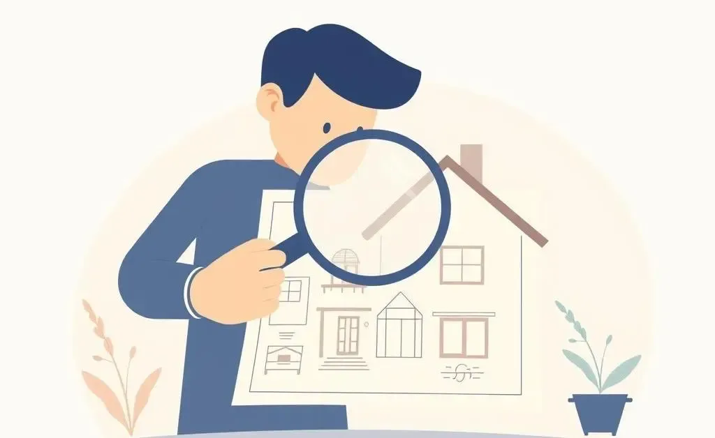 Person examining a house illustration with a magnifying glass.