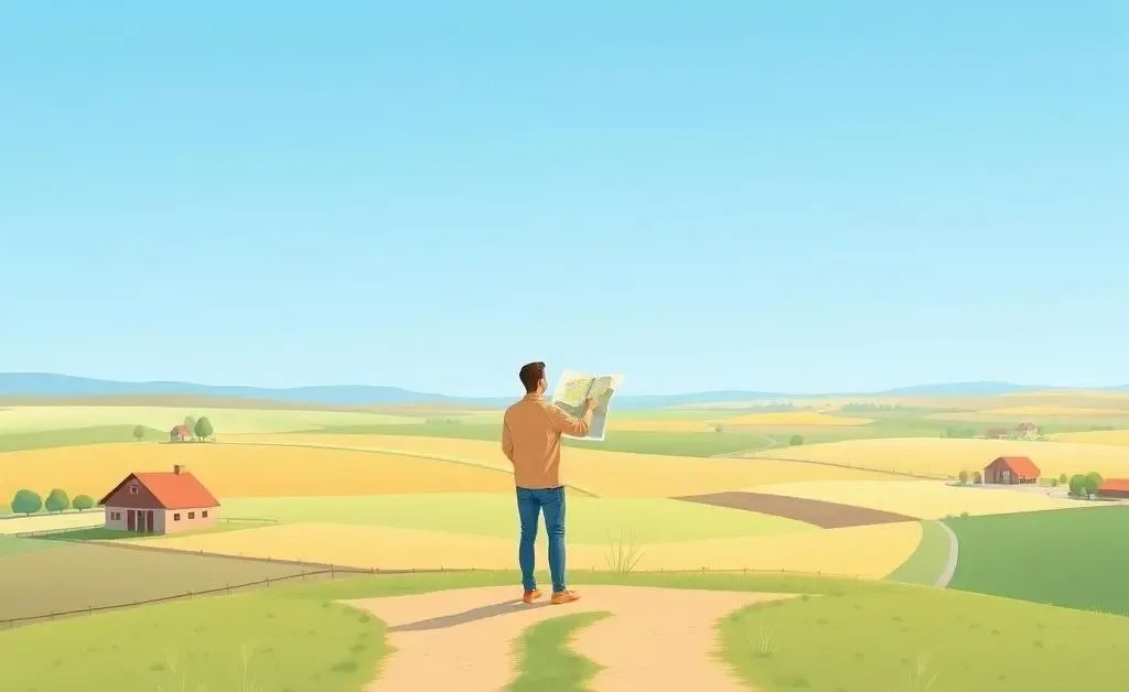 A person standing at a crossroads with a map and homes in the background