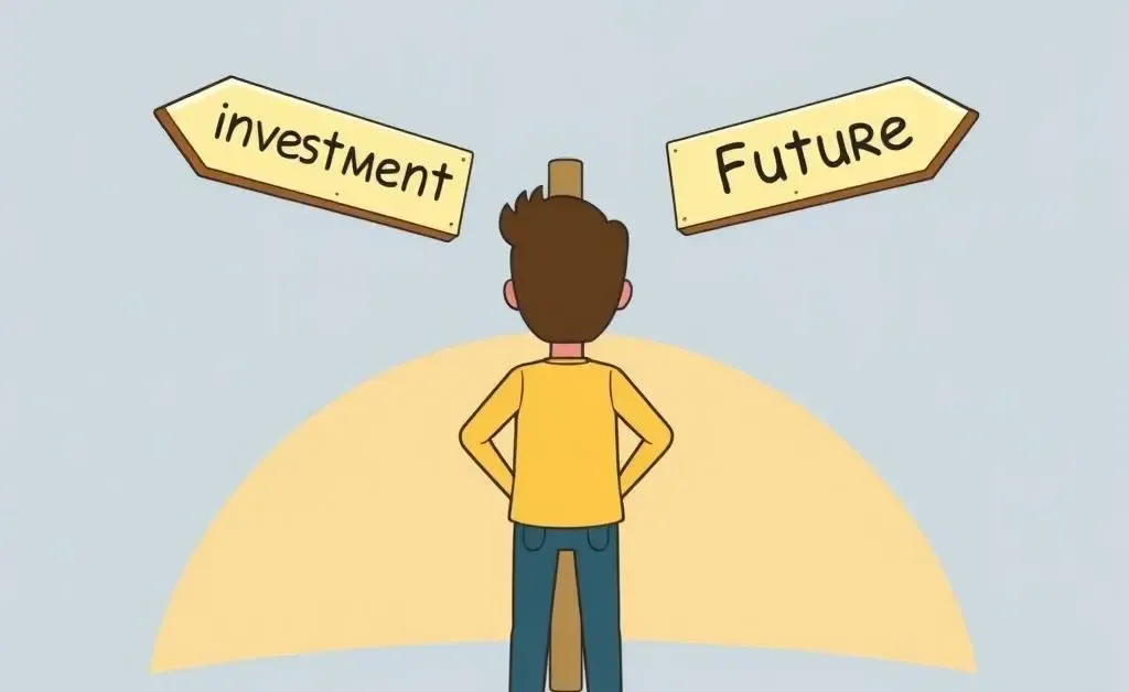 Illustration of a person at a crossroads with signs for investment and future