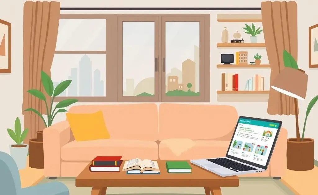 A cartoon-style image of a cozy living room setup for real estate investment research