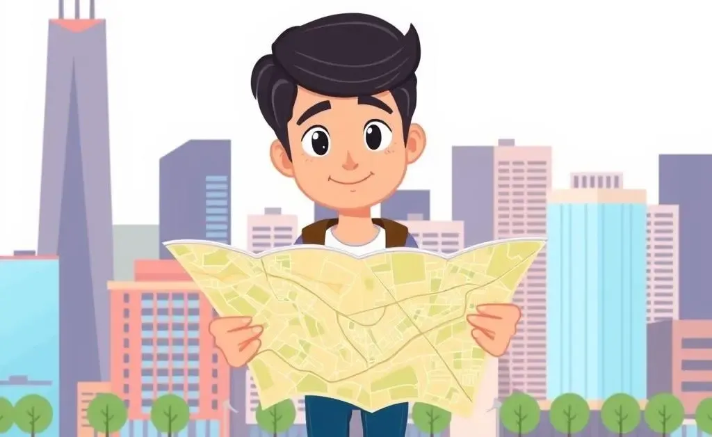 Person with a map navigating through a real estate cityscape