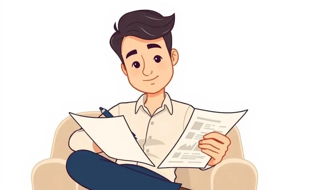 Investor analyzing real estate notes with a pen and notepad in a cartoon style