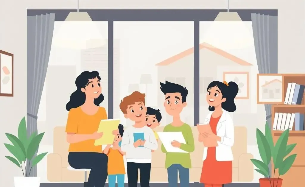 A family consulting a real estate agent in an office