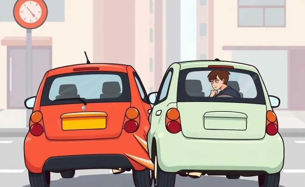 Cartoon cars in a rear-end collision, exchanging insurance details.