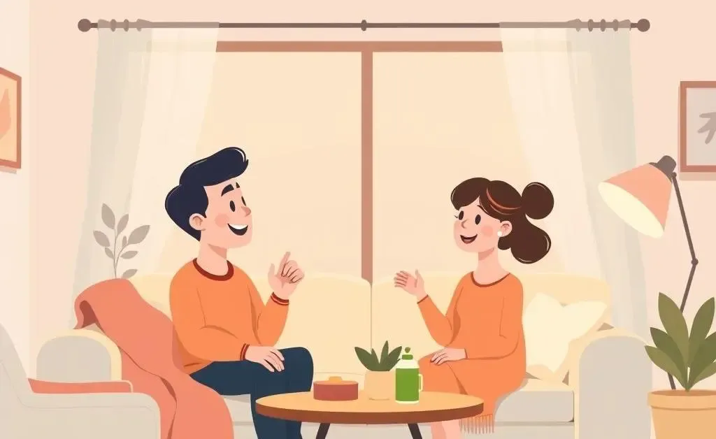 A couple having a heartfelt conversation in a cozy living room