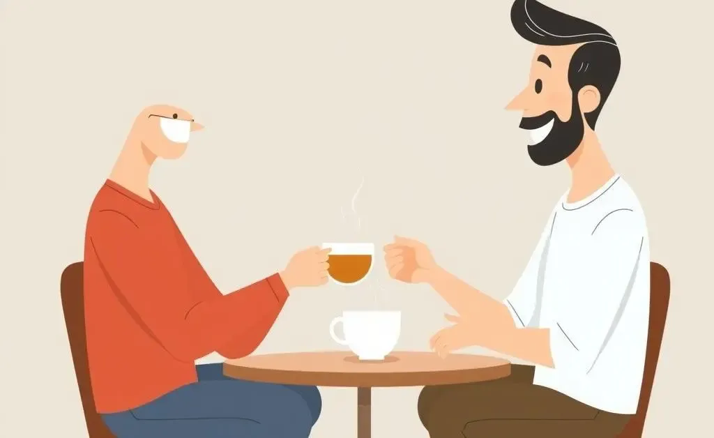 Cartoon of two people talking over tea