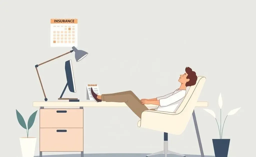 A person relaxed at a desk with a calendar and insurance documents