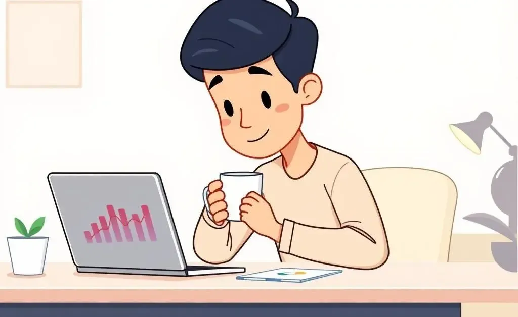 A relaxed person reviewing investment graphs with a coffee