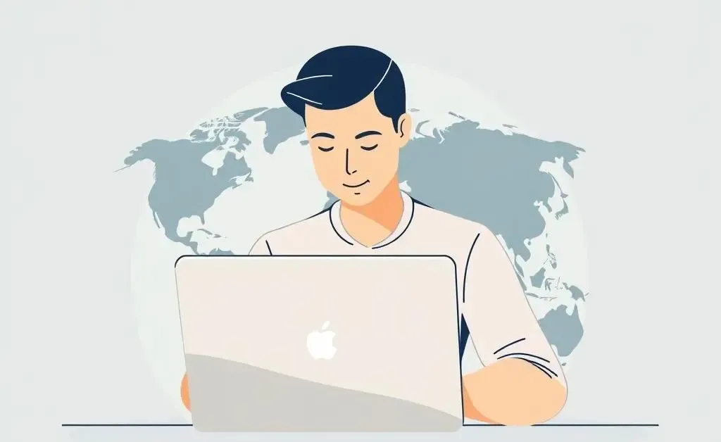 Illustration of a person working remotely with a global backdrop.