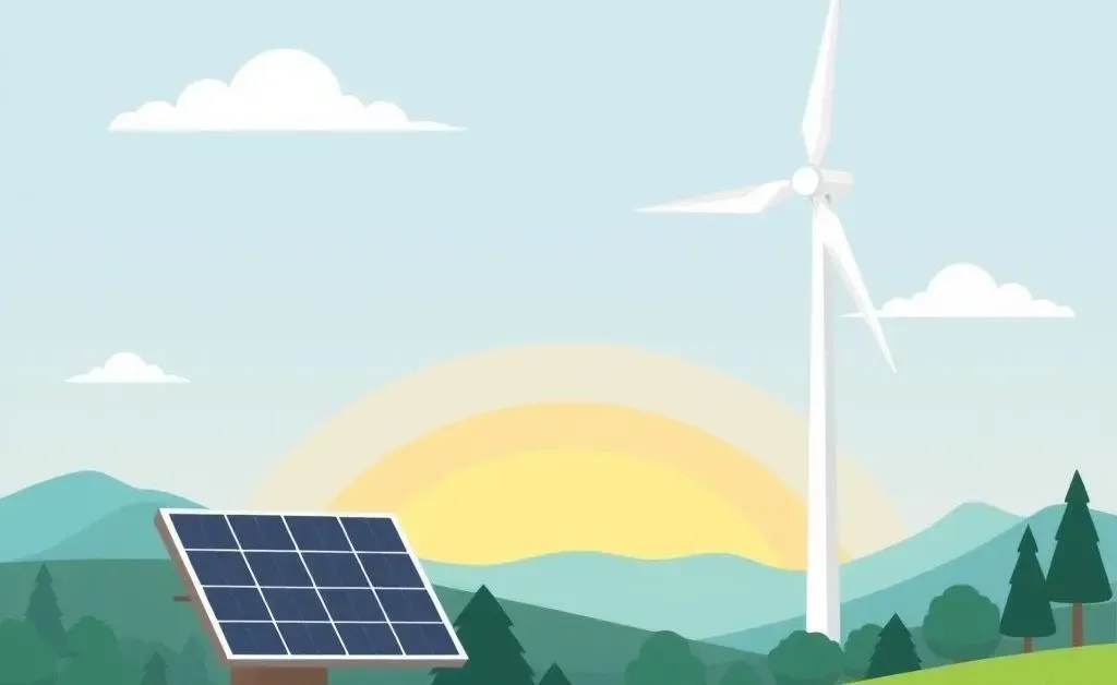 Solar panel and wind turbine on a scenic landscape