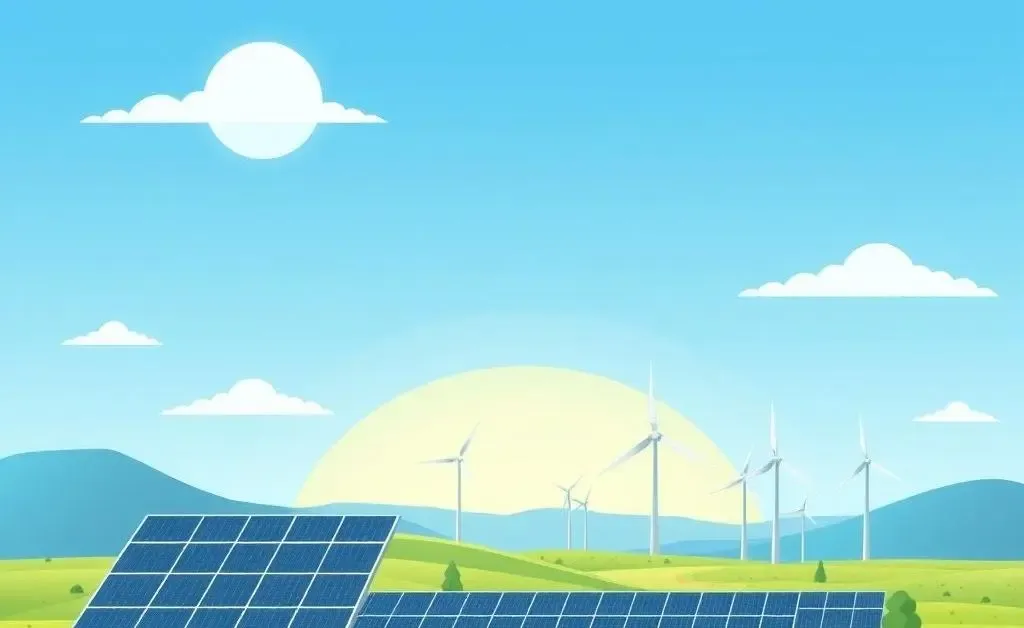 A futuristic landscape featuring solar panels and wind turbines
