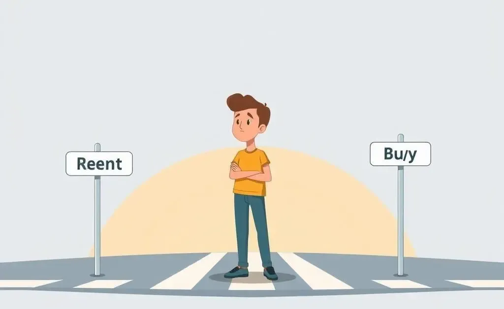 Person at a crossroads deciding between renting and buying a home