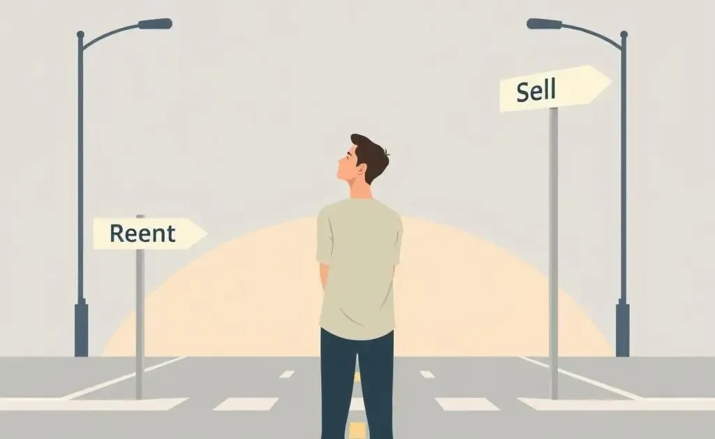 Person at a crossroads deciding between renting or selling