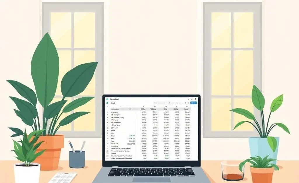Home office desk with rental income budgeting spreadsheet on laptop