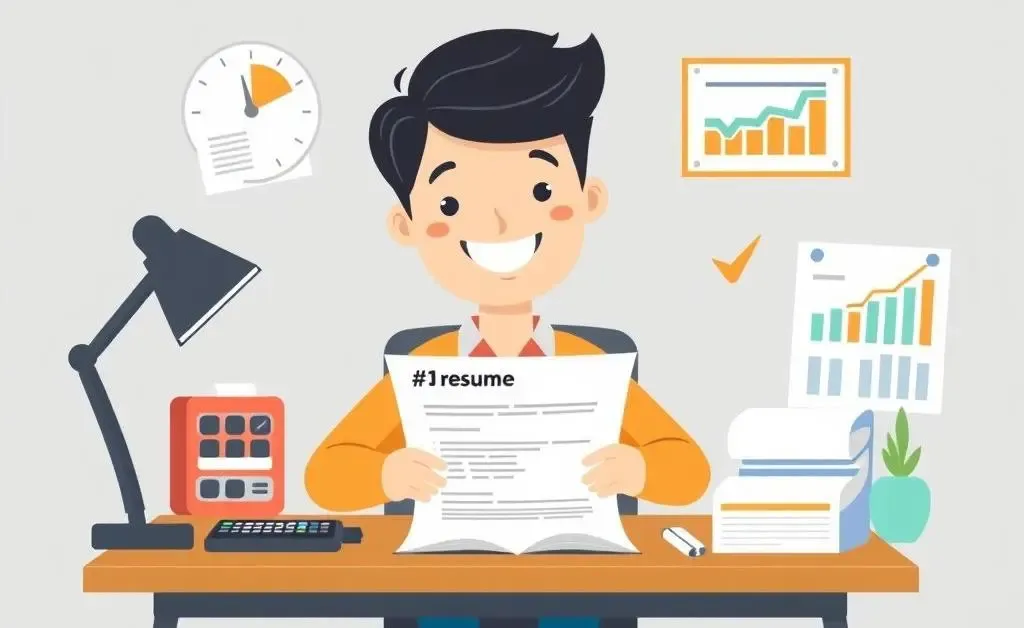 Person crafting a resume at a desk surrounded by finance items.