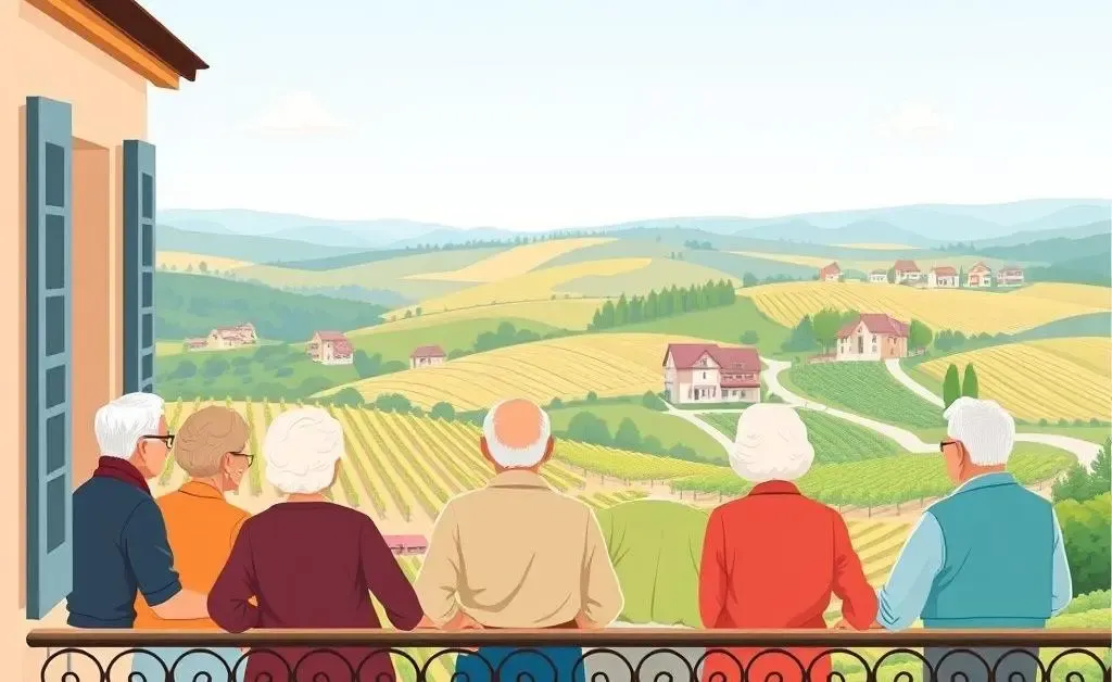 Group of retirees enjoying a European landscape view