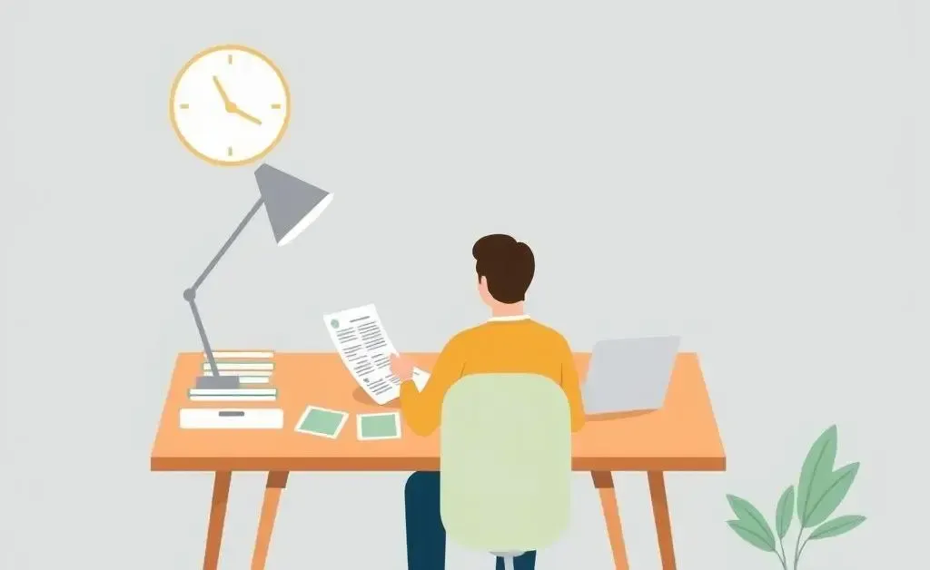 A peaceful scene of retirement planning at a desk with financial documents