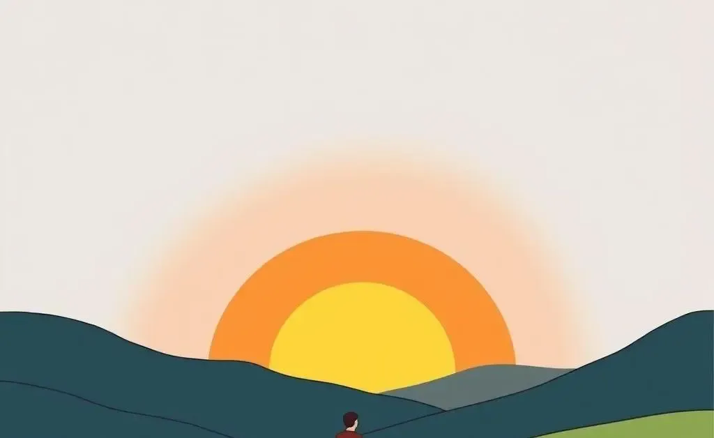 Illustration of someone sitting on a hill at sunset, contemplating their future with a notepad