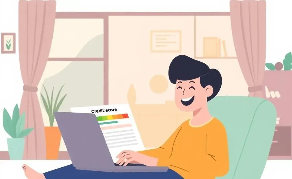 Illustration of a person reviewing their credit score on a laptop in a cozy setting.