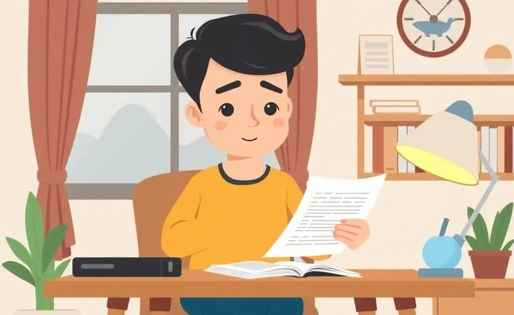 A cartoon of a person reviewing loan documents at home