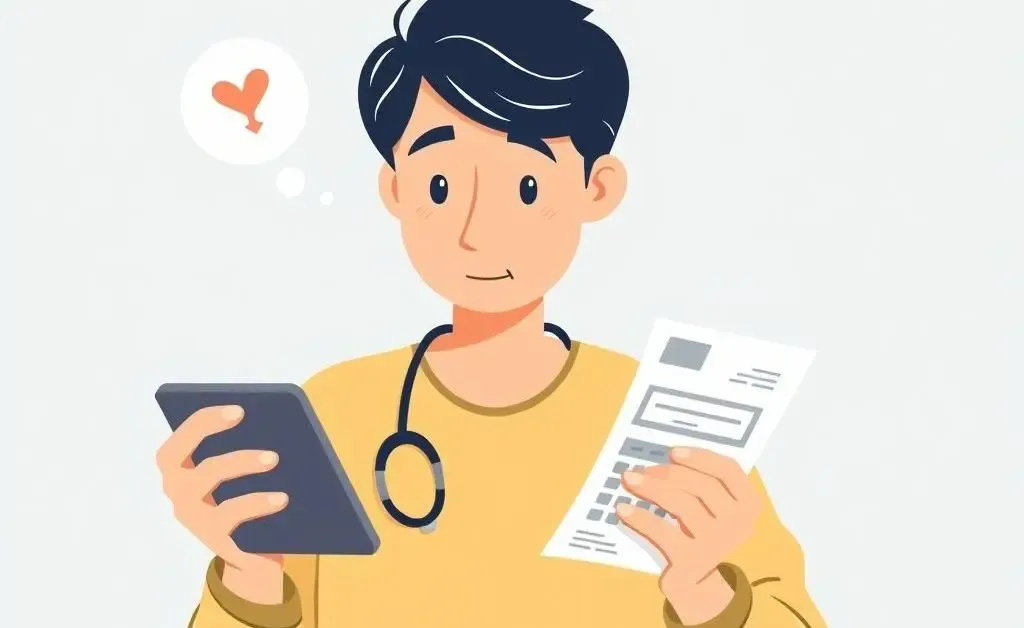 A cartoon-style illustration of a person reviewing medical bills with a calculator.