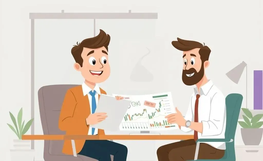 Friendly financial advisor reviewing a stock market portfolio