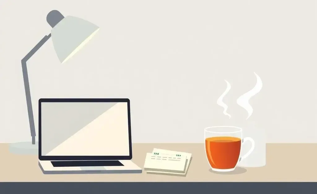 A warm, inviting workspace with a laptop and a cup of tea, symbolizing planning and organization for credit card rewards.