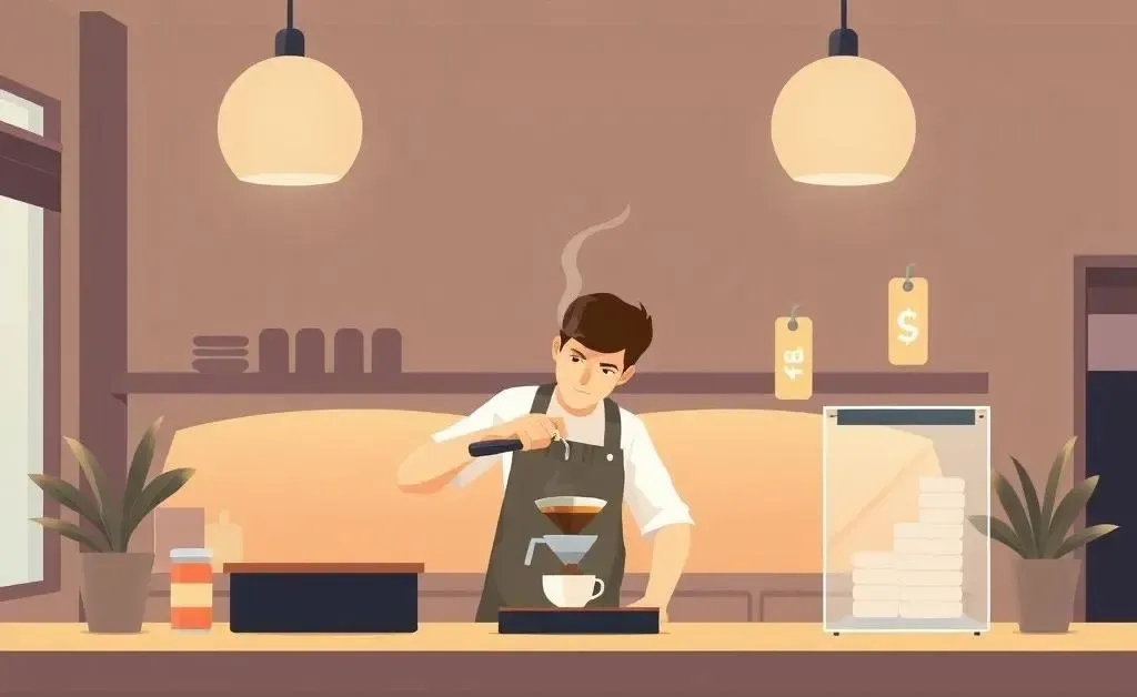 Barista preparing coffee with rising price tags around.